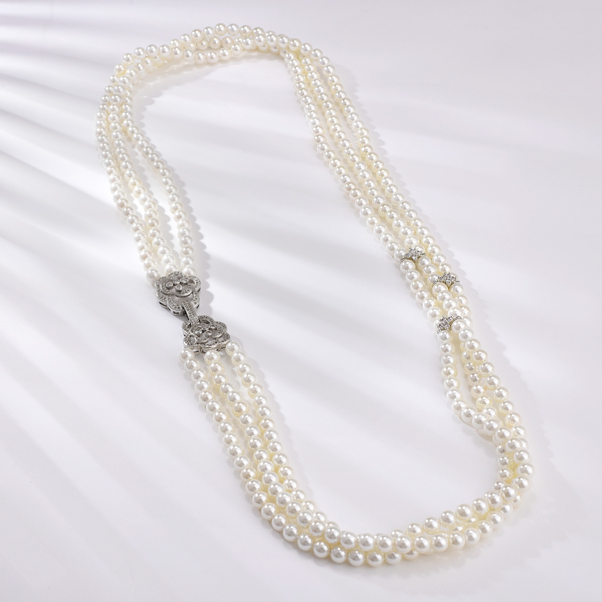 Inexpensive Platinum Plated White Long Chain Necklace of Original Design