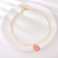 Picture of Delicate Artificial Pearl Pink Short Chain Necklace